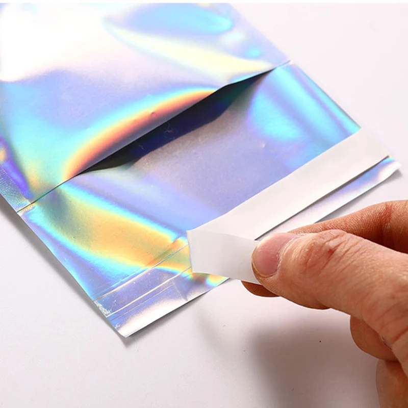 50pcs Holographic Adhesive Aluminum Foil Self Sealing Laser Pack Bag Snack Cosmetics Envelope Document Courier Storage Pouches