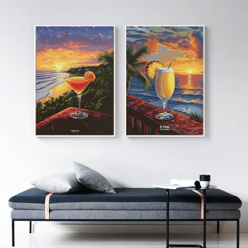 Cocktail Seaside Scenery Travel Poster Aperol Spritz Pina Colada Margarita Martini Canvas Painting Picture Wall Bar Home Decor