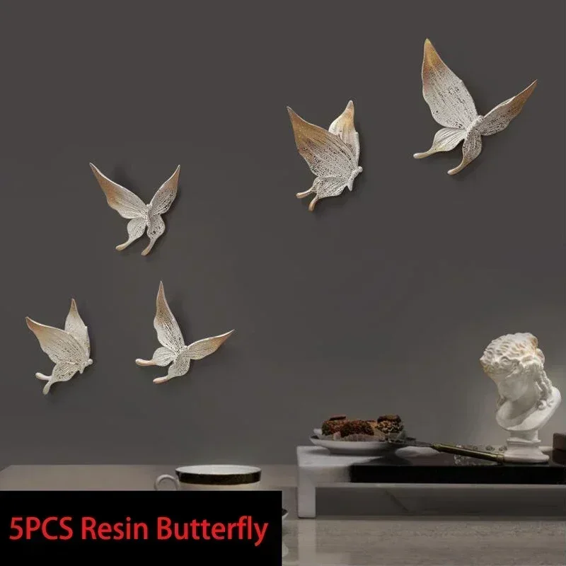 5PCS 3D Stereo Resin Wall Hanging Butterfly TV Background Wall Sticker Mural Ornaments Crafts Home Livingroom Wedding Decoration