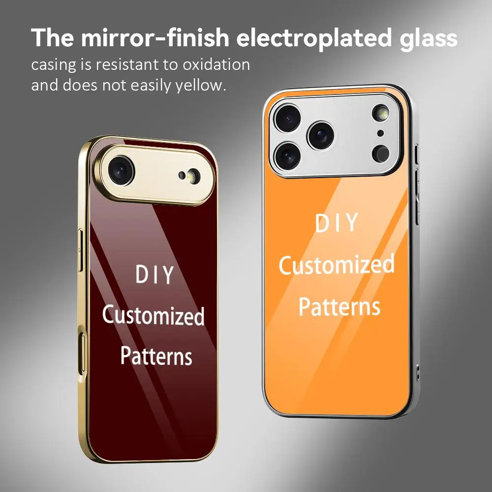 

Customized patterns diy Phone Case For iPhone 17 16 15 14 13 12 Pro Max Plus Electroplated Metal Bumper Case Tempered Glass Back