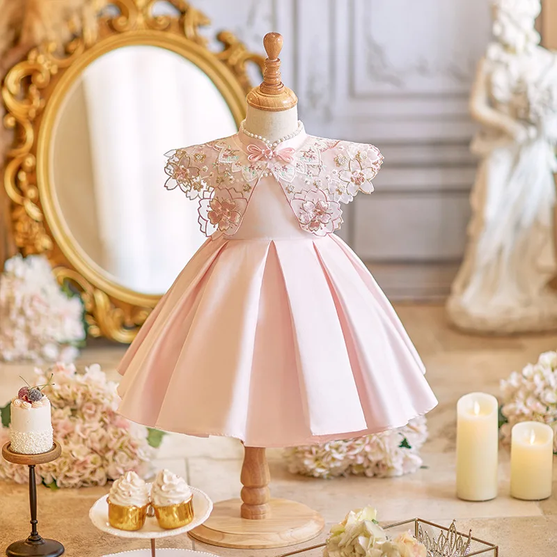 2025 New Children Satin Pink Princess Ball Gown Girls Cute Birthday Baptism Wedding Party Dress g227