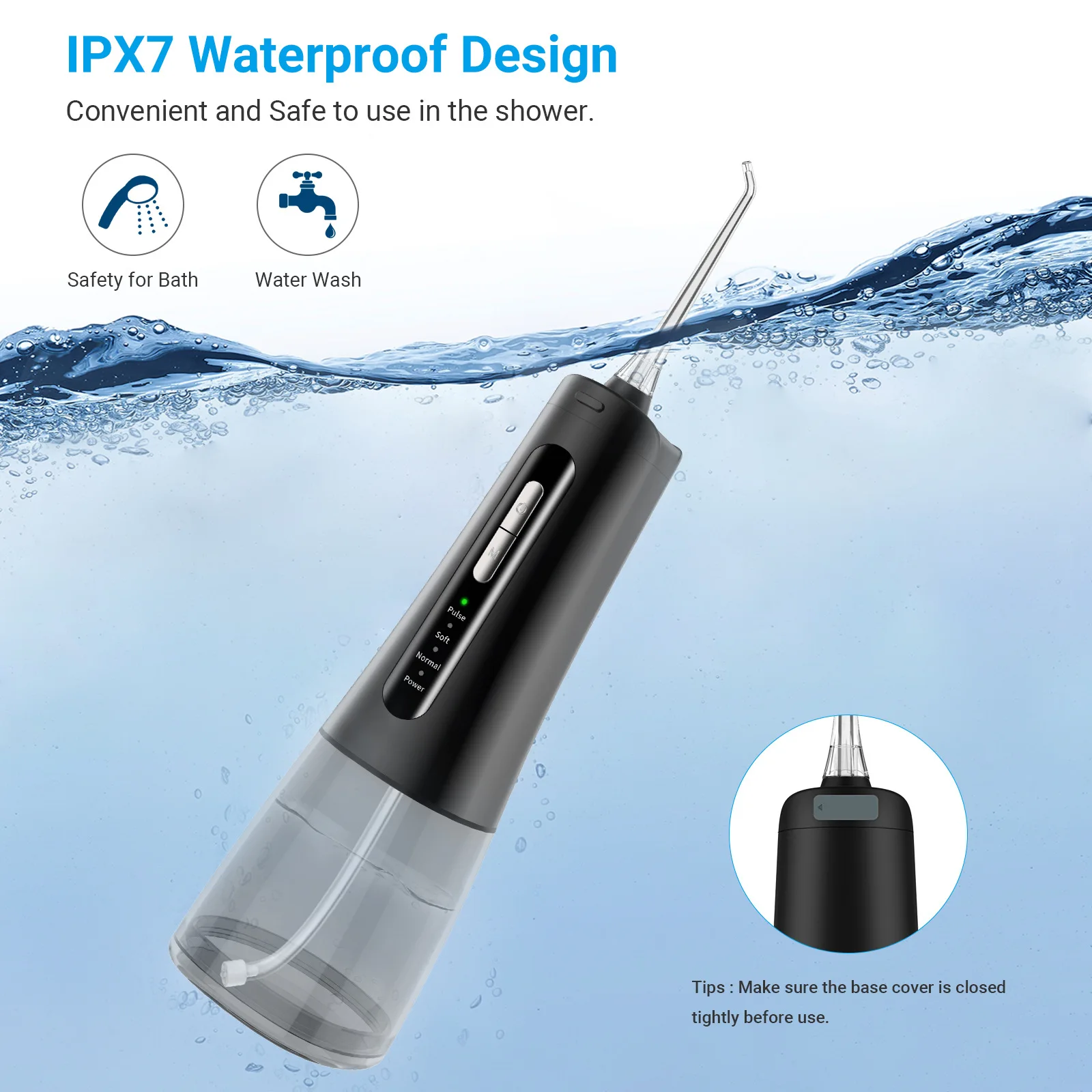 Irigator Mulut Profesional Flosser Air Isi Ulang Jet Air Gigi Portabel untuk Membersihkan Gigi Tangki 300ML 4 Ujung Tahan Air