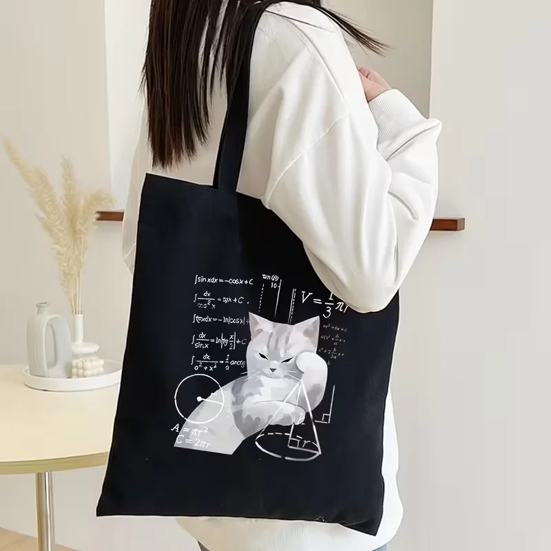 

Cute Cat Math Symbol Print Tote Bag Women's Fashion Canvas Handbag Reusable Eco-Friendly Storage Bag for Shopping Daily Use
