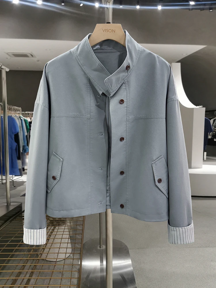 

Light Blue Loose ort Sle Women's Coat Spring Autumn Korean Simple Faion Outerwear Straight Tube Polyester Fiber Long Sl...