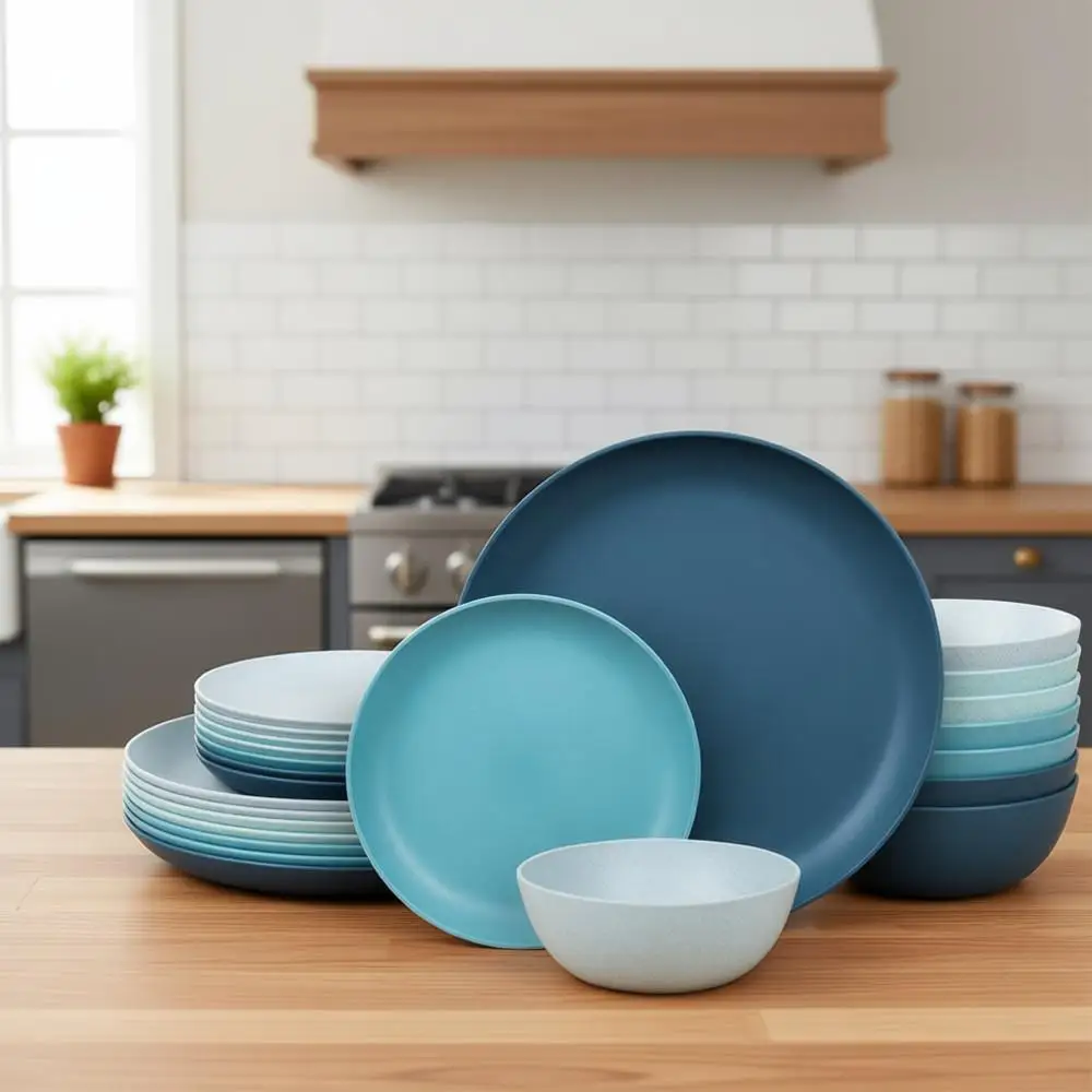 

Набор посуды из 24 предметов из высококачественного пшеничного пластика - прочные пластиковые тарелки и миски для использования на улице, на террасе, в автодомах, для кемпинга - безопасны для посудомоечных машин и микроволновых печей