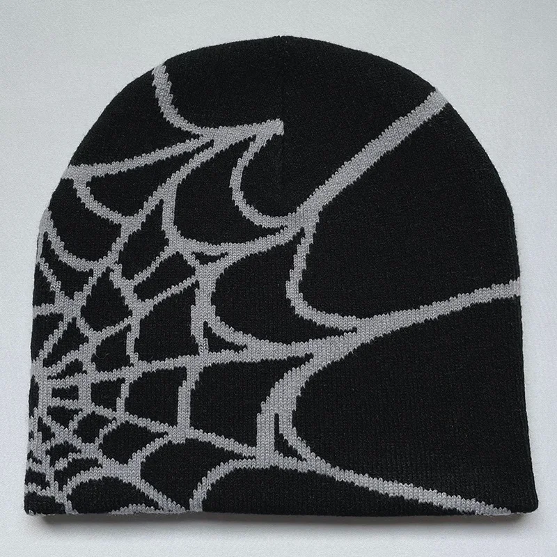 

Spider Web Pattern Knitted Beanie Unisex Gothic Style Elastic Warm Hat for Autumn Winter Street Trend Hip Hop