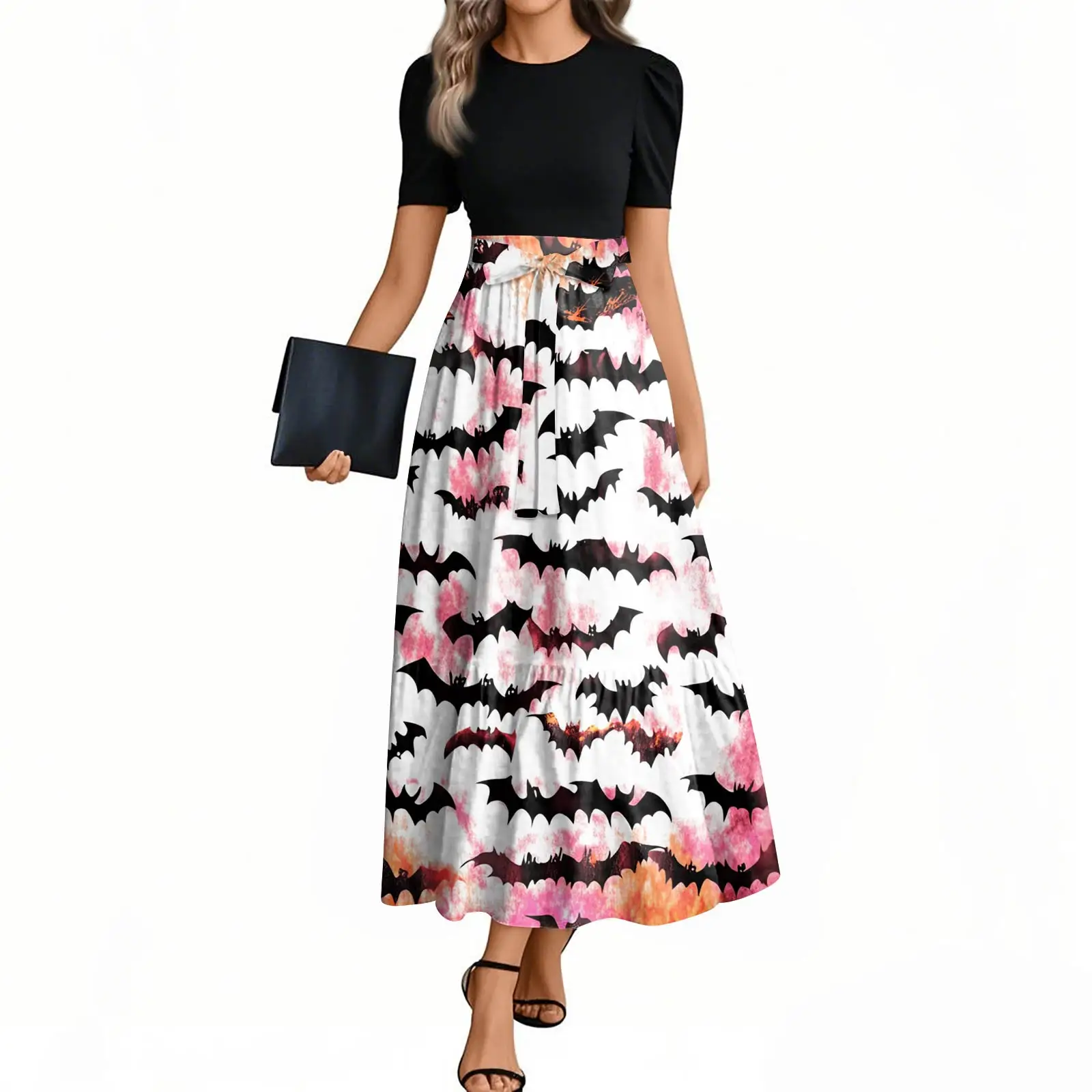 ハロウィンパーティードレスレディースファッションカジュアルベルト付き半袖ラウンドネックハロウィンプリントエレガントドレスカジュアルドレス