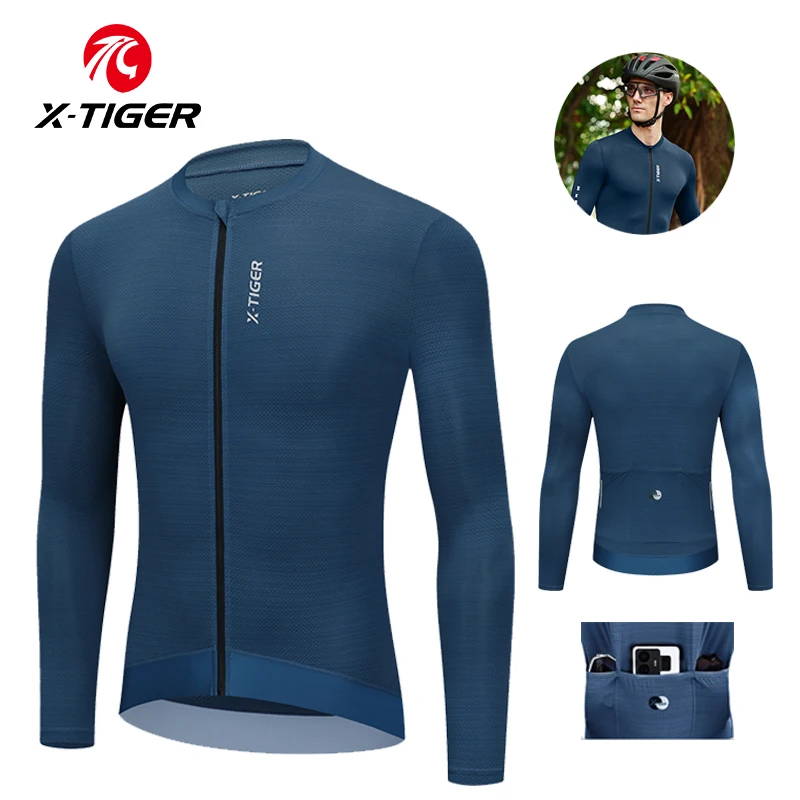 X-TIGER Men's Cycling Jersey Autumn Three Pocket Reflective Cycling Jacket Sport Mountain Bike Shirt Ciclismo Long Sleeve