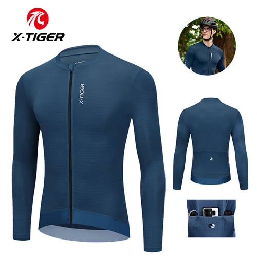 X-TIGER Jersey de Ciclismo para hombre, chaqueta de Ciclismo reflectante con tres bolsillos, camiseta deportiva para bicicleta de montaña, manga larga, otoño
