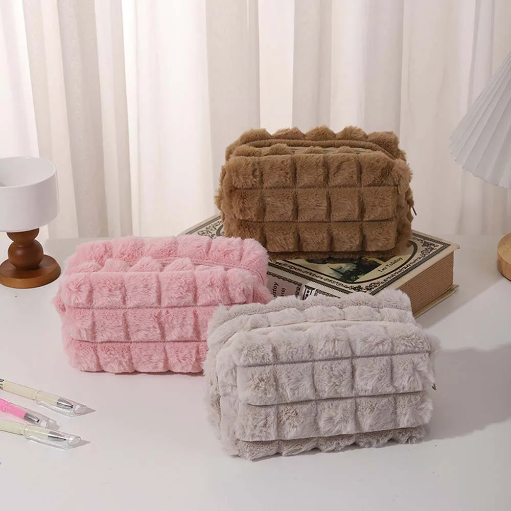 

Makeup Bag Solid Color Plush Pencil Case Stationery Organizer Large Capacity Stationery Bag Soft Pencil Box Plush Pen Bag School