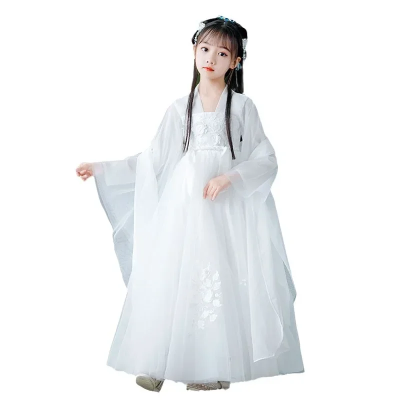 White Hanfu Girls Spring and Autumn Children's Ancient Costumes 2024 New Summer