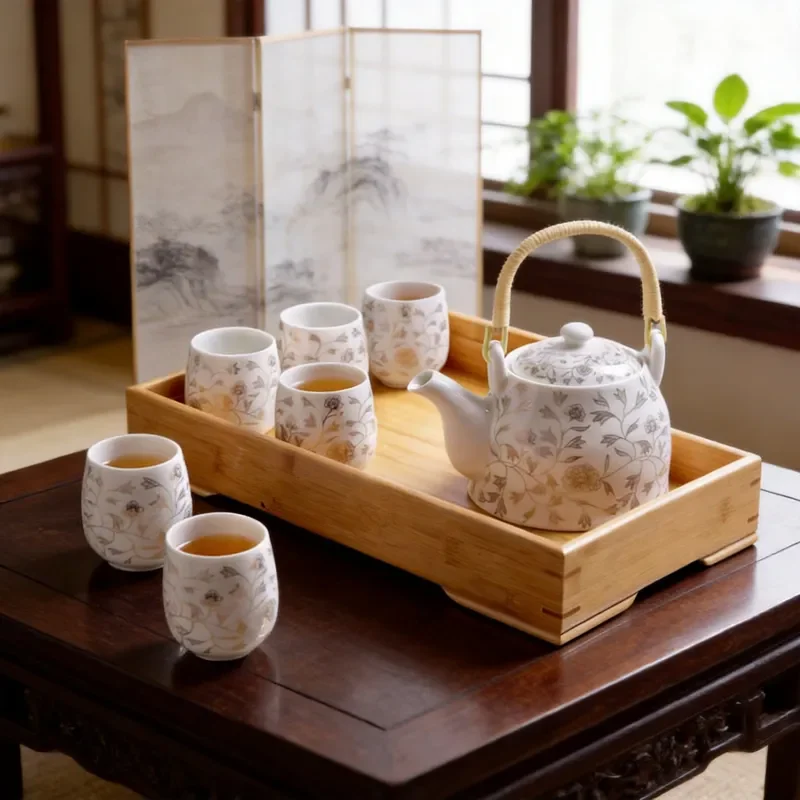 Jingdezhen Ceramic Tea Set with Bamboo Tray Modern Simple Teapot and Cups Complete Household Kung Fu Tea Service Large Beam