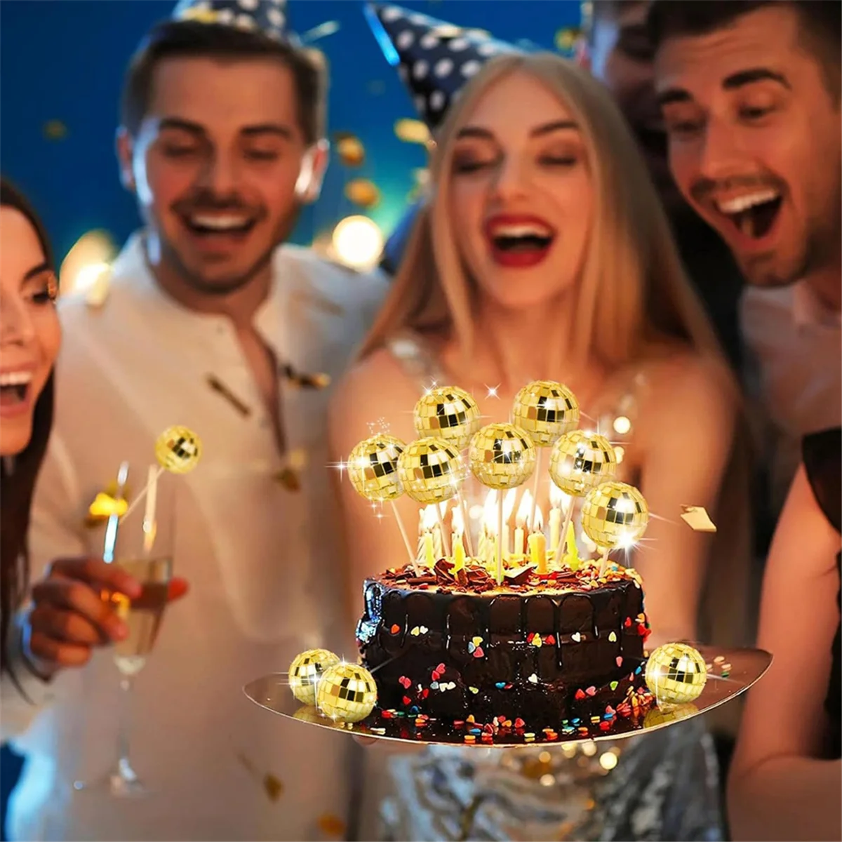 24 قطعة كرة ديسكو كب كيك القبعات العالية ديسكو الكرة كب كيك يختار كرة مرآة عاكسة كعكة القبعات العالية ديسكو الزينة الذهب