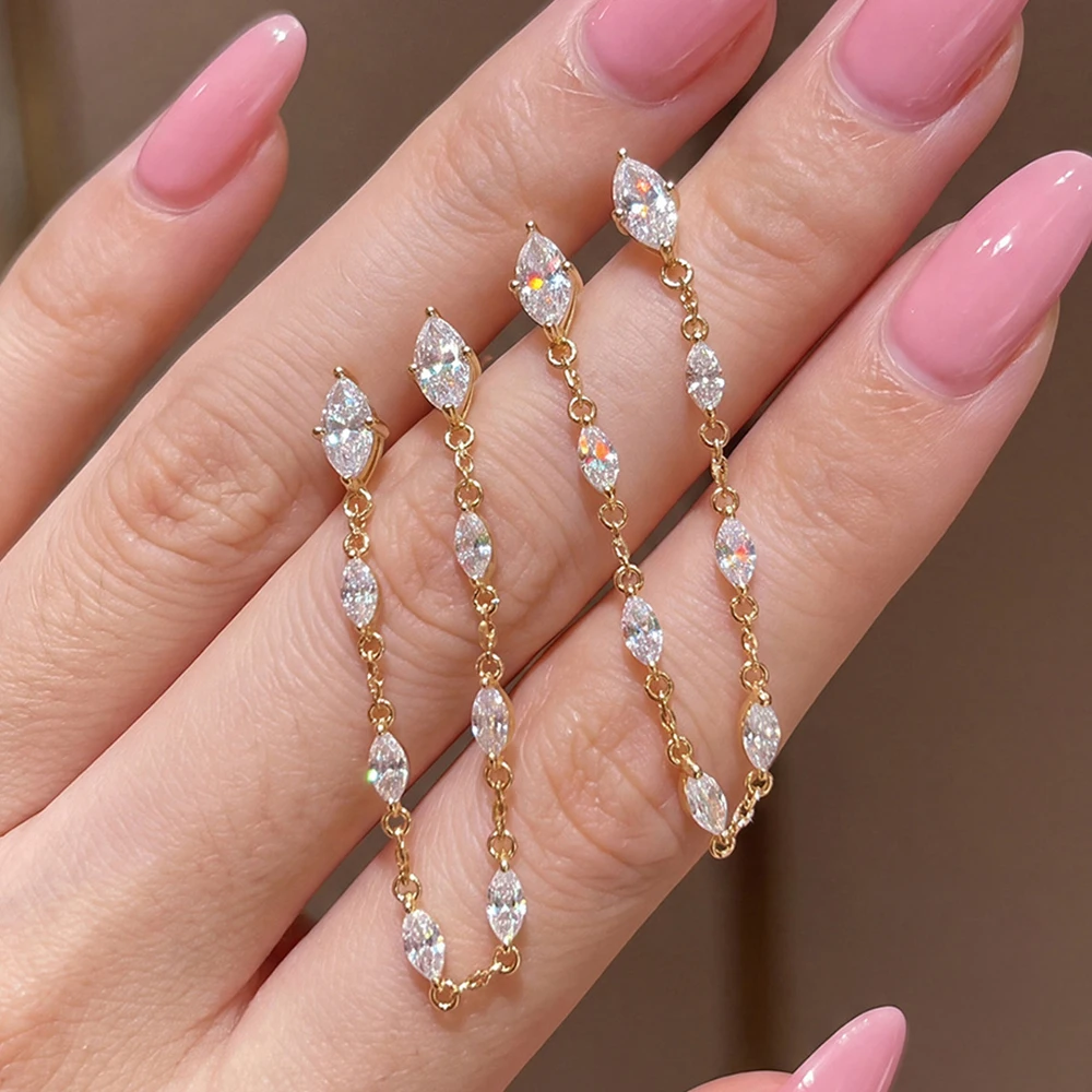 4.4cttw Full Marquise Cut Moissanite Connected Stud Earrings  for Women S925 Silver Long Drop Double Ear Piercing Linked Jewelry