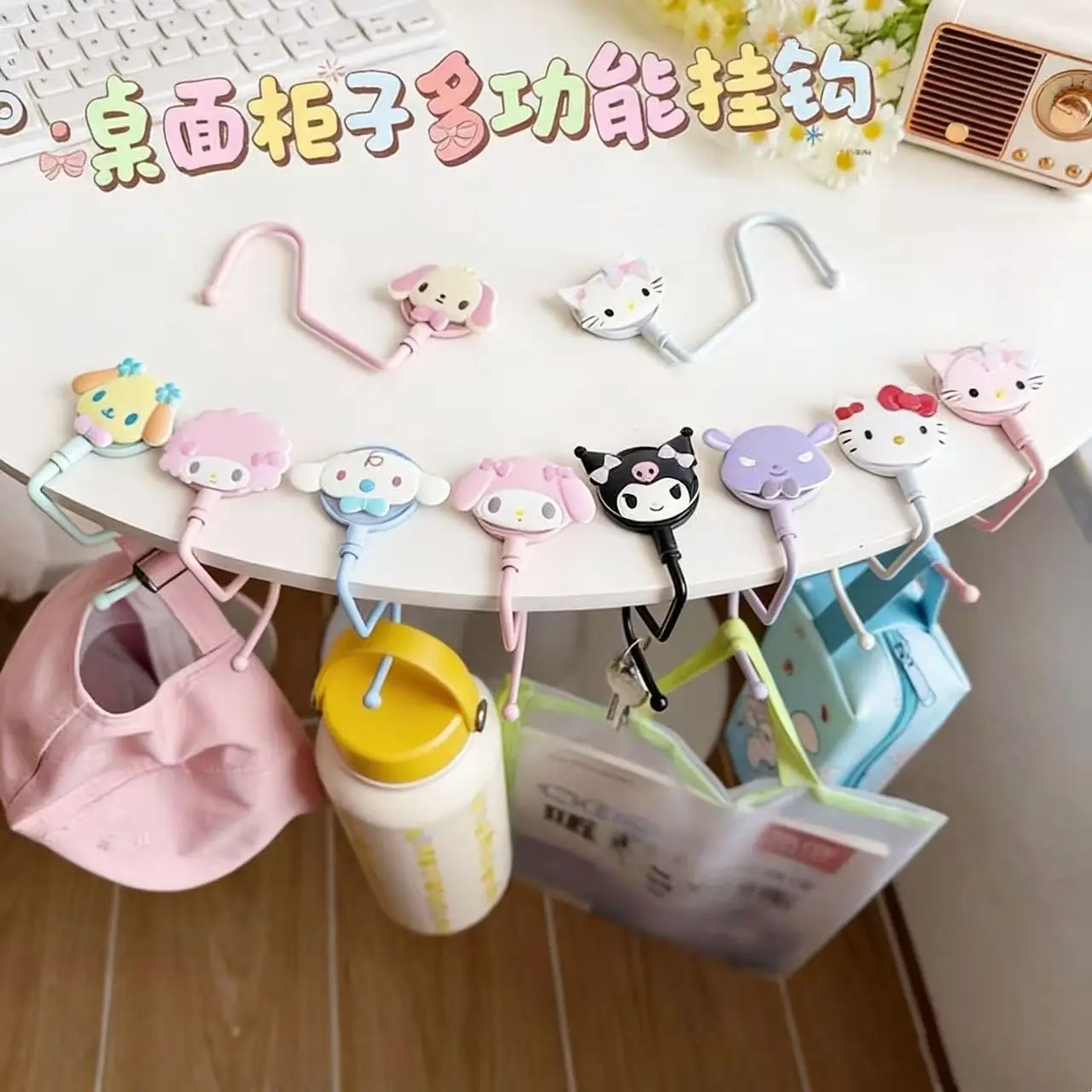 

Anime Student Backpack Hook Cute Cartoon Desktop Bag Hanger Desk Hook Removable No Adhesive Portable Travel Hanger Hello Kitty
