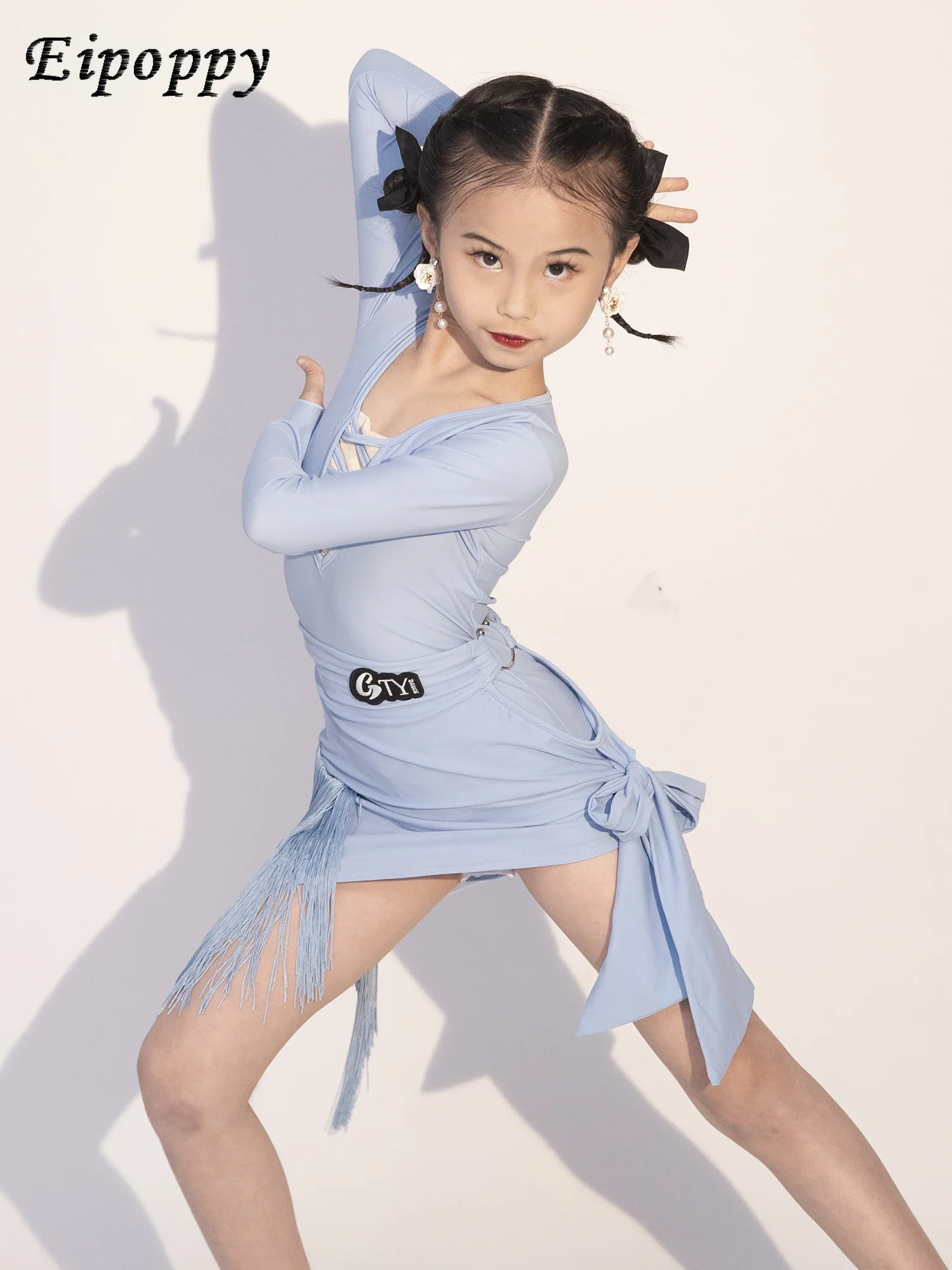 ملابس رقص لاتينية للأطفال ، أكمام طويلة ، ملابس تمارين ، زي رقص للبنات