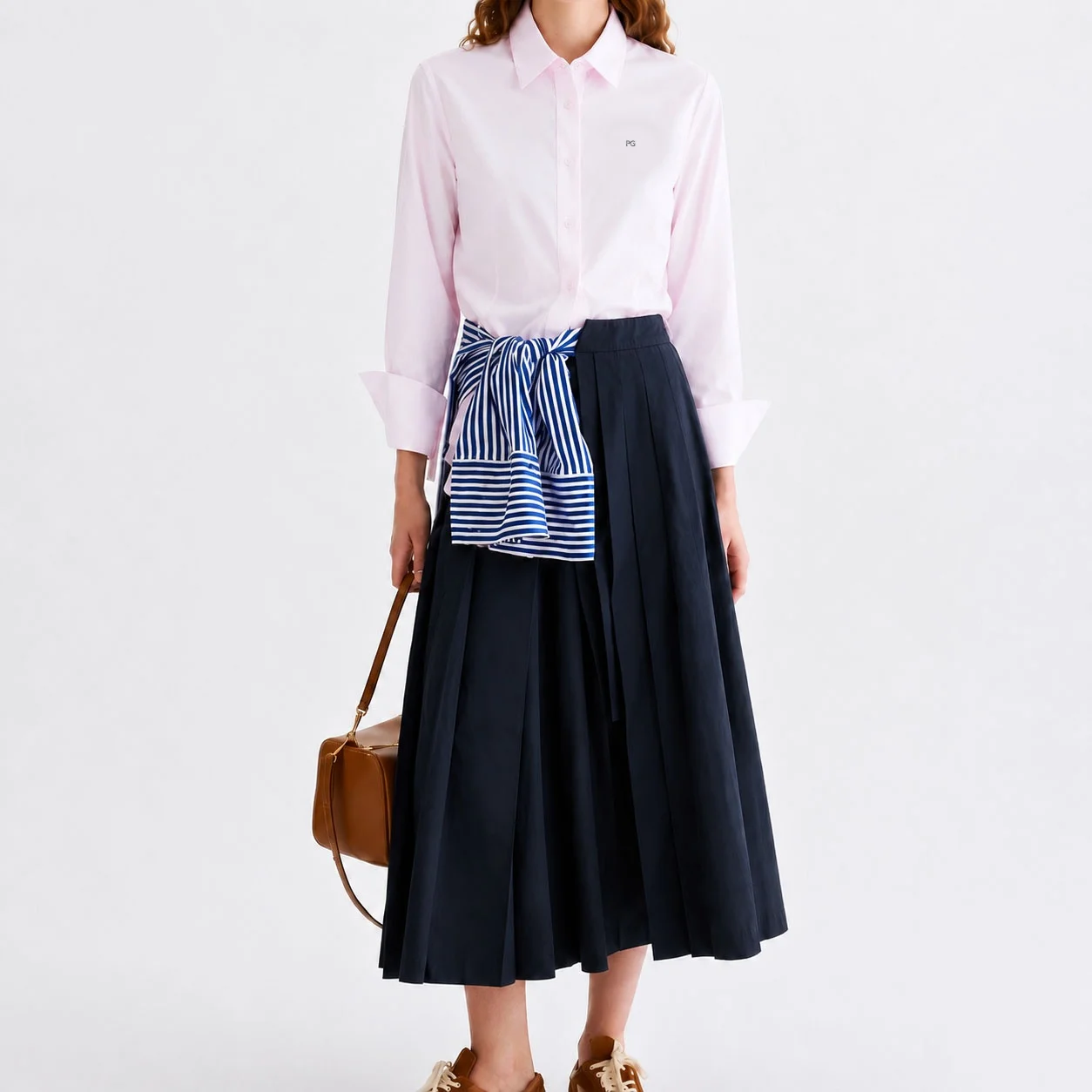 PG Women Tailored Long Sleeve Shirt Turn Down Collar Contrast Cuff Chest Letter Embroidery Neat Cut Daily Wear Tops