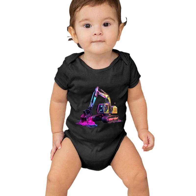 Baby Boys Girls Rompers Funny Design Excavator Priint Fashion Short Sleeve Newborn Infant Outfits Cartoon Jumpsuit for Newborns