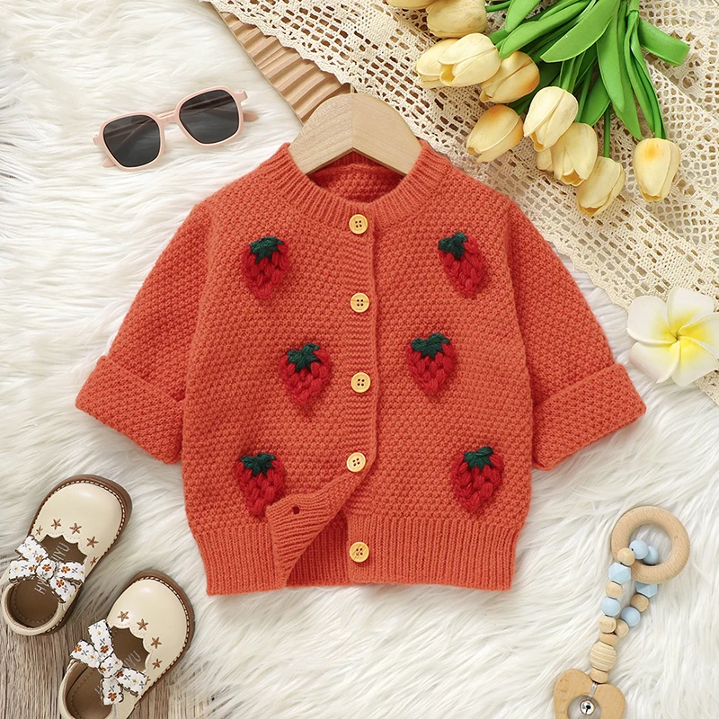 Autumn Baby Sweater Knitted Infant Girl Cardigan Long Sleeve Tops Newborn Children Clothing Fashion Cute 3D Strawberry Outerwear