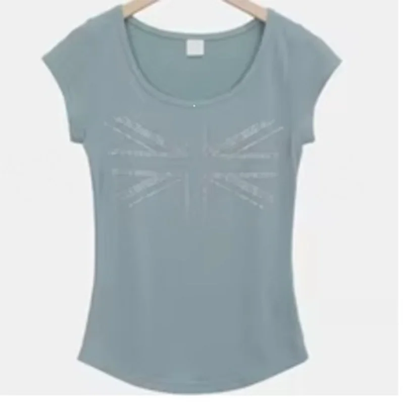 2026 Sommer Damen Y2K Strass Union Jack Print Rundhals T-Shirt Slim Fit Kurzarm Abgerundeter Saum Streetwear Crop Top – Detail 7