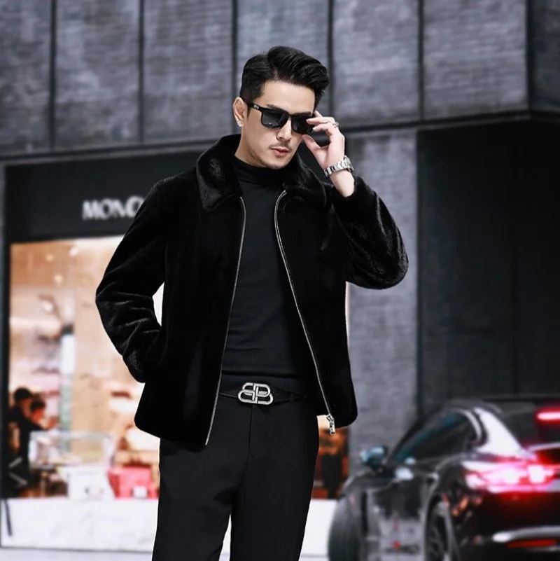 

New Arrival Top Fashion Winter Warm fur Mink Imitation Sheep Sheared Fur Zipper Men's Solid Hooded Jacket