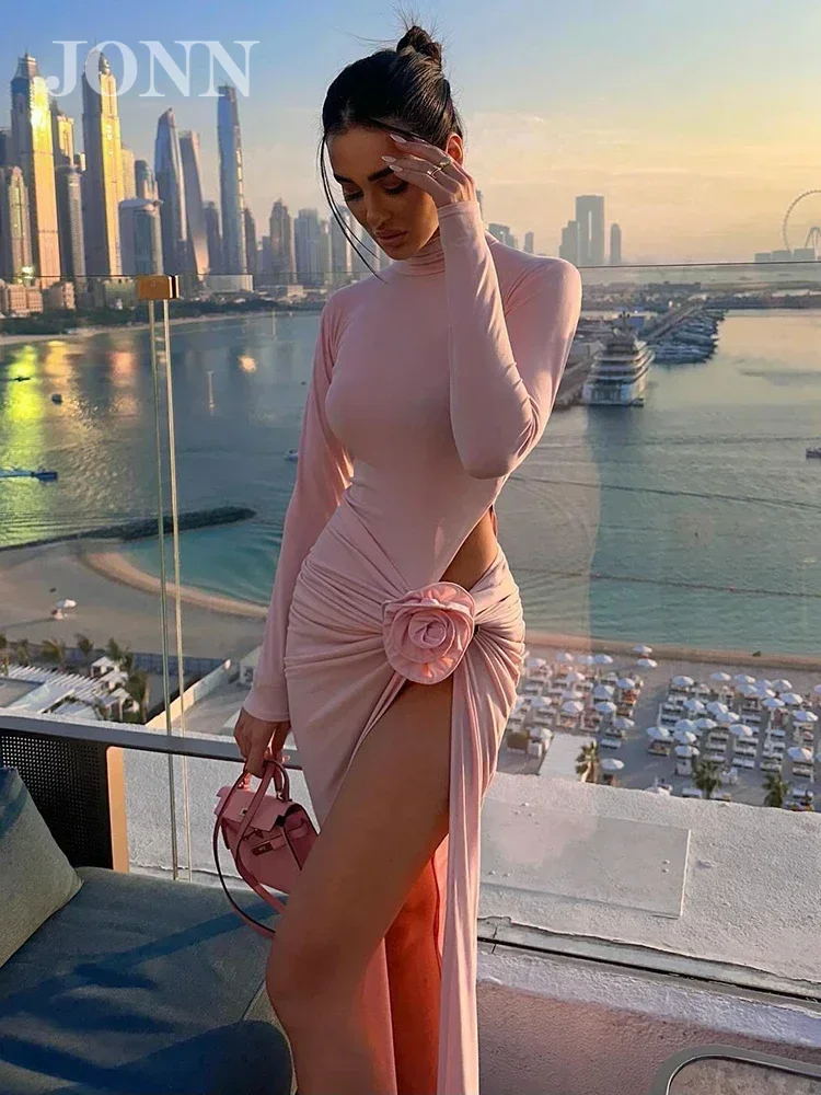 

JONN 2024 New Pink Maxi Dresses For Women Chic And Elegant Long Sleeve Hollowed Out 3D Flower High Slit Celebrity Party Gown