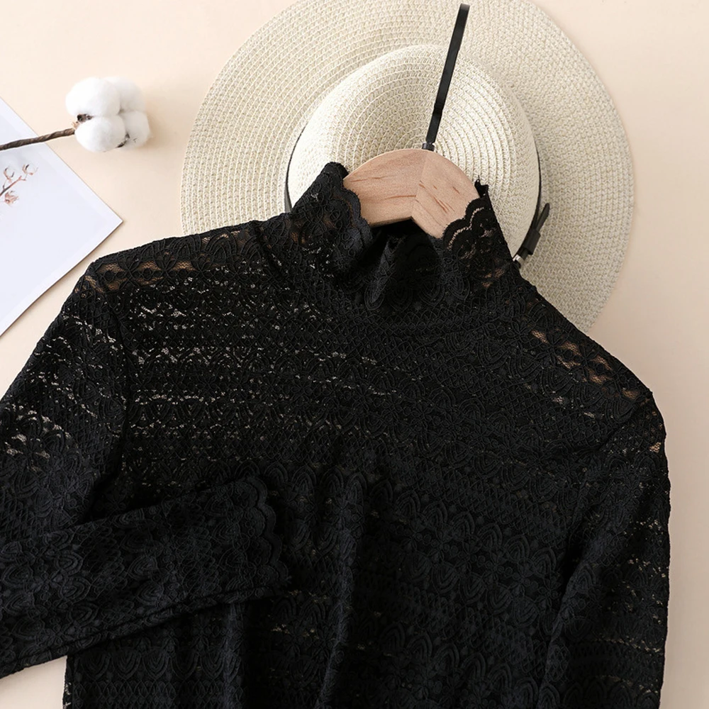 Women Black Lace T shirt Sexy Turtleneck Long Sleeve Slim Lace Crochet Patchwork Tee Tops White Floral Lace Blouses Female S-XL