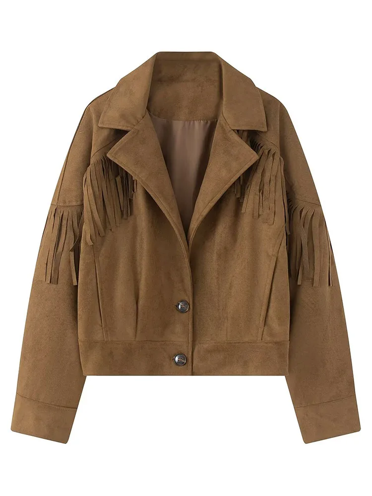 HH Mature Elegant 3 Colors Fringed Faux Suede Cropped Jacket Women Fall Lapel Button Front Office Dinner Polished Chic Outerwear