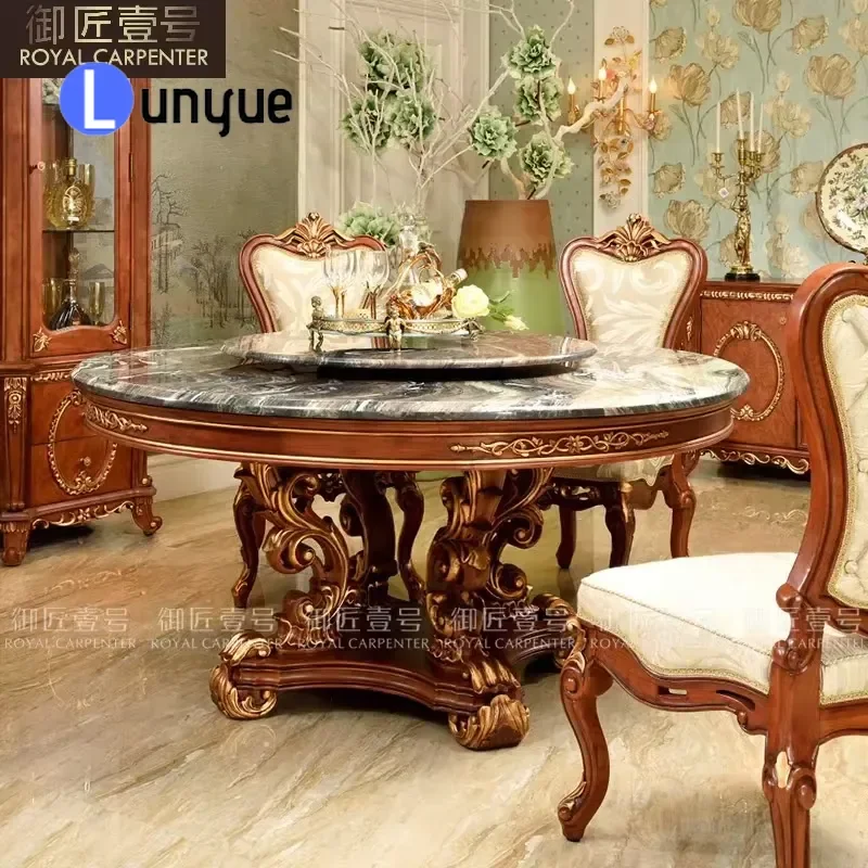 American European Style Solid Wood Dining Table and Chair Set Oval Marble Top French Royal Court Inspired Elegant Home