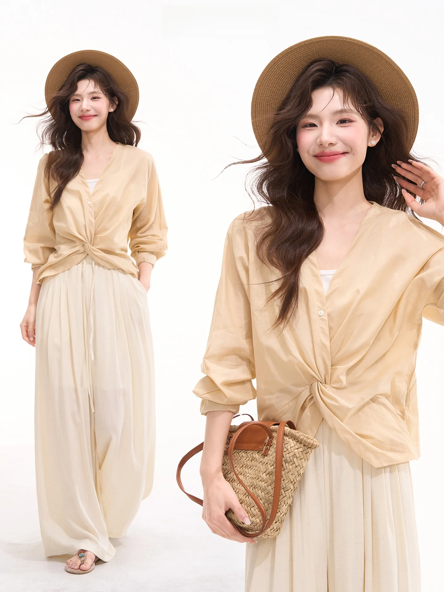 

Heme Loose Fit Long Sleeve Shirt Tea Color Linen Twist Knot Casual Style Women's Summer Top Fashionable Draped V Neck Design