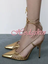 Gold Cross Tied Solid Sandals Pointy Toe Hollow Lace-up Straps Sandals Women Sexy Shoes Summer Party Big Size Stiletto Heels New