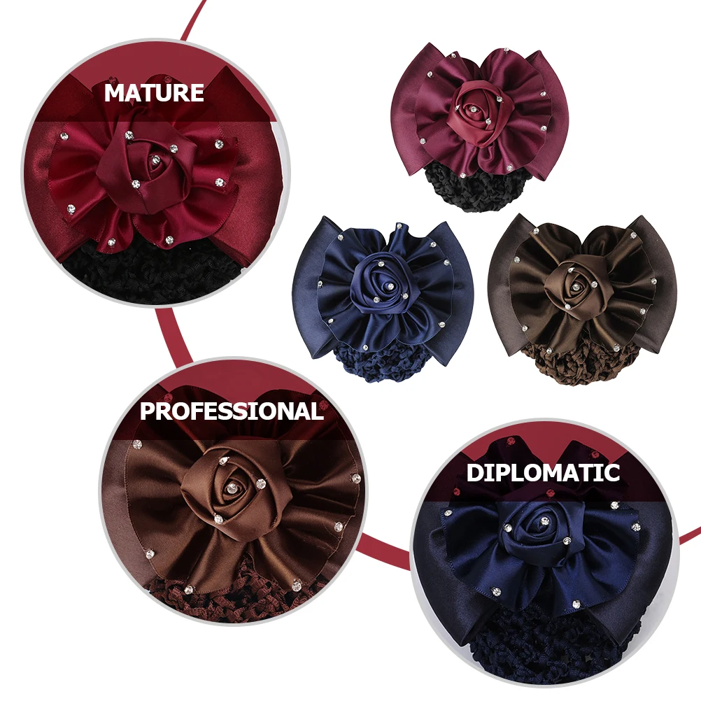 

3pc Accessories Net Bow Flower Bun Covers Rhinestones Wrapping Barrettes Hairnets Durable Elastic Thin Thick Hair Formal Casual