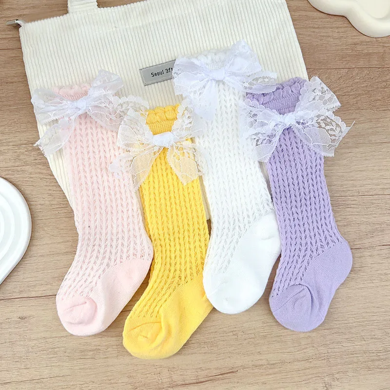 

Princess Girls Lace Long Stockings Baby Summer Mesh Socks Hollow Breathable Newborn Knee Sock Solid Color Kids Bow Sock 0-1Year