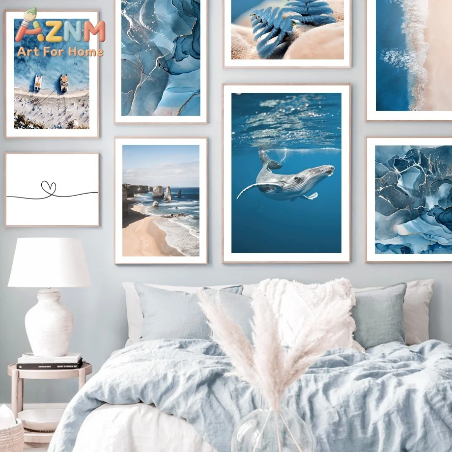 Minimalist Blue Coastal Whale Gallery Wall Art, Ocean Beach Nature Canvas Poster Prints, Living Room Home Decor & Perfect Gifts