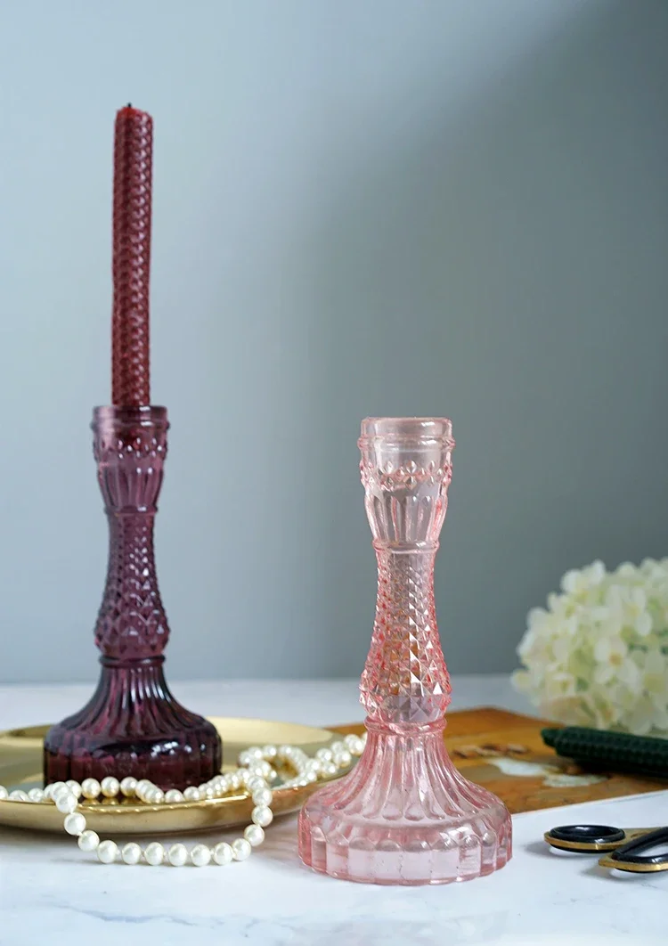 Vintage Gilian Glass Taper Candlestick Holders Pair Pink Purple For Home Table Wedding Party Decoration Diamond Facets Pattern