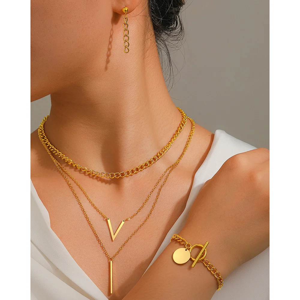 

Boho style V-shaped earrings, bracelet and necklace set, waterproof and non-fading, women's jewelry, wedding party gifts