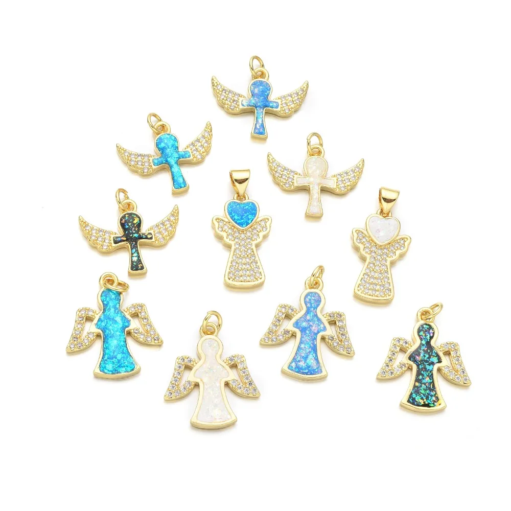 2 Pcs New Shell Opal Micro Inlay Zircon Angel Pendant for DIY Necklace Jewelry Making Accessories Copper Gold Plated Charm Parts