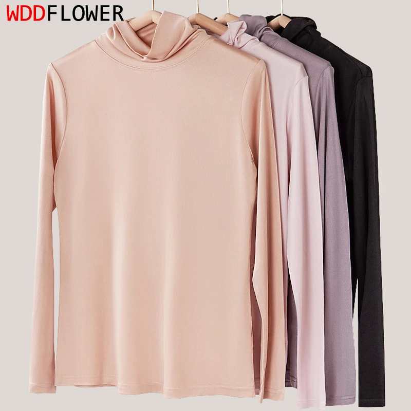 100% Natural Silk Solid Colors Women Long Sleeve T-Shirt Turtleneck bottoming shirt base shirt undershirt thermal top TB026