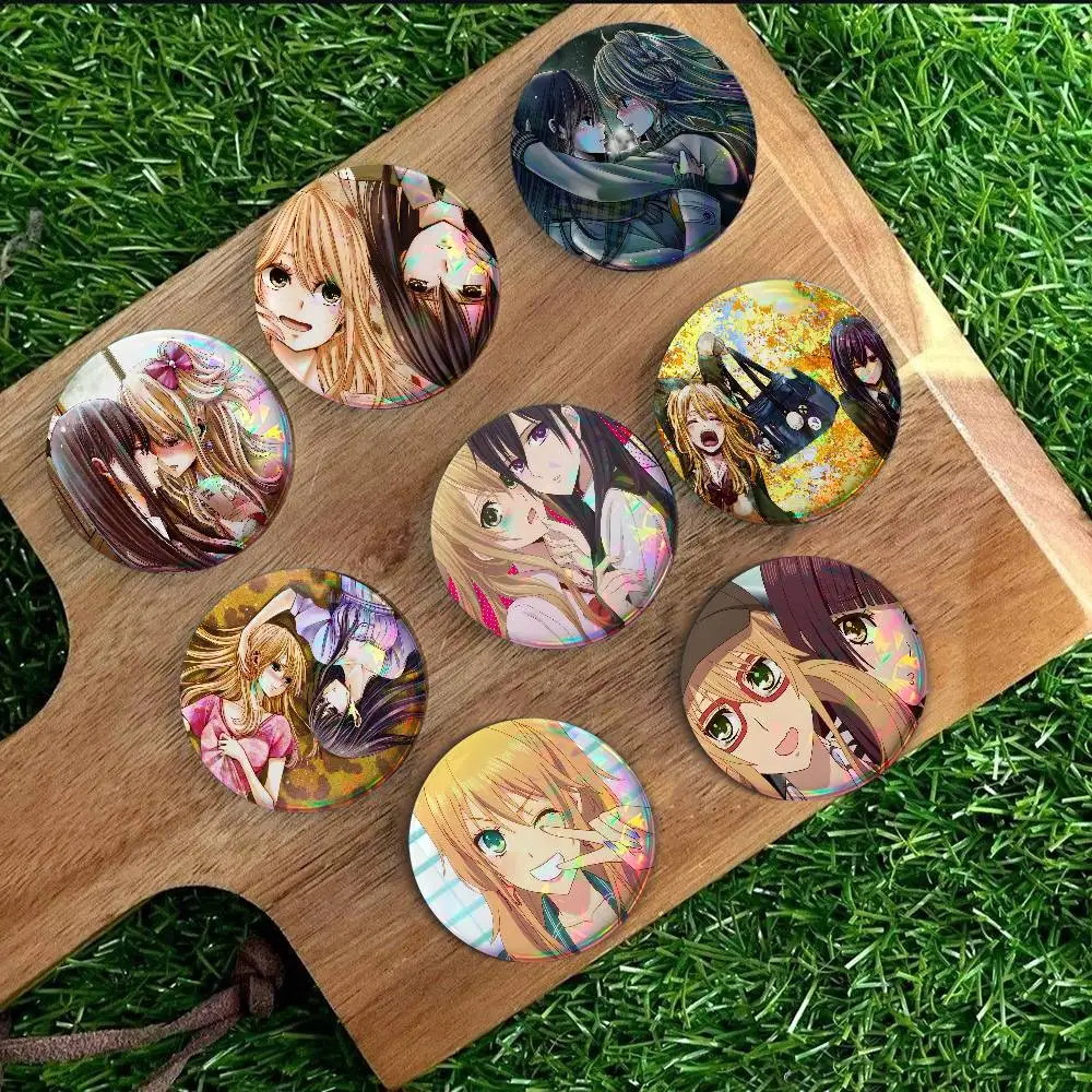Lesbian Citrus Yuzu Aihara Mei For Badge Laser Holographic Badge Image Metal Lapel Pin Brooch For Clothing Backpack Decorative
