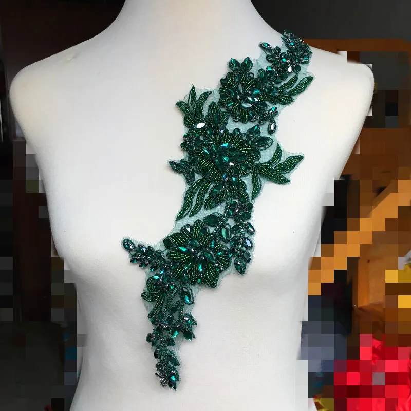 Gold Crystal Beaded Applique for Garments Dress Ornaments Peacock Green Glass Rhinestone Long Flower Embroidered Red White Trims