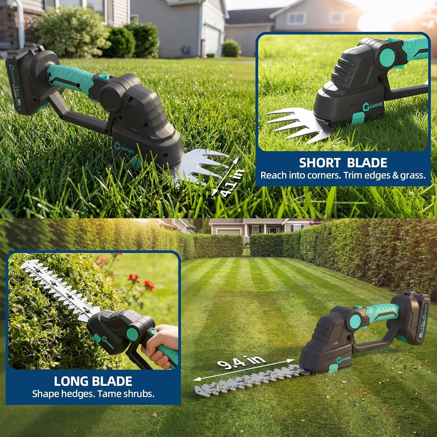 2-in-1 20V Cordless Hedge Trimmer Electric Grass Shear Shrub Trimmer Brushless Motor 2-Pack 2.0Ah Batteries Charger Adjustable Head Dual Safety Lock for Lawn Garden Bushes Hedges Yard Maintenance
