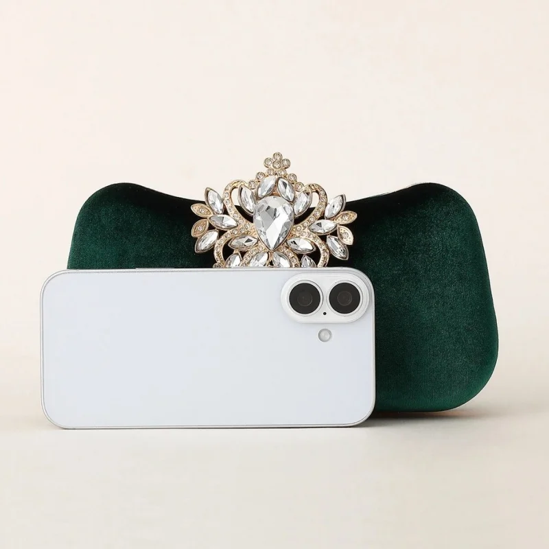 Dark Green Velvet Clutch Bag Luxury Rhinestone Floral Brooch Hard Evening Handbag Elegant Wedding Party Ladies Purse Gold Color view 6