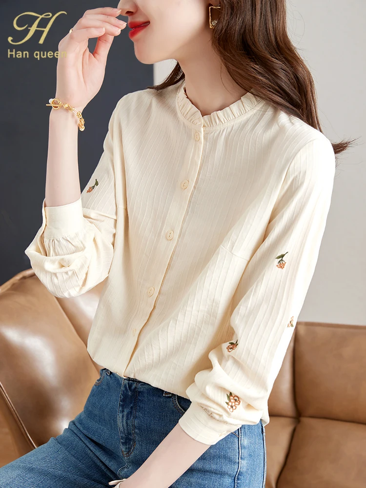 H Han Queen Autumn Blouses Flower Embroidery Vintage Tops Simple Elegant Chiffon Blouse Women Long Sleeve Casual Office Blusas