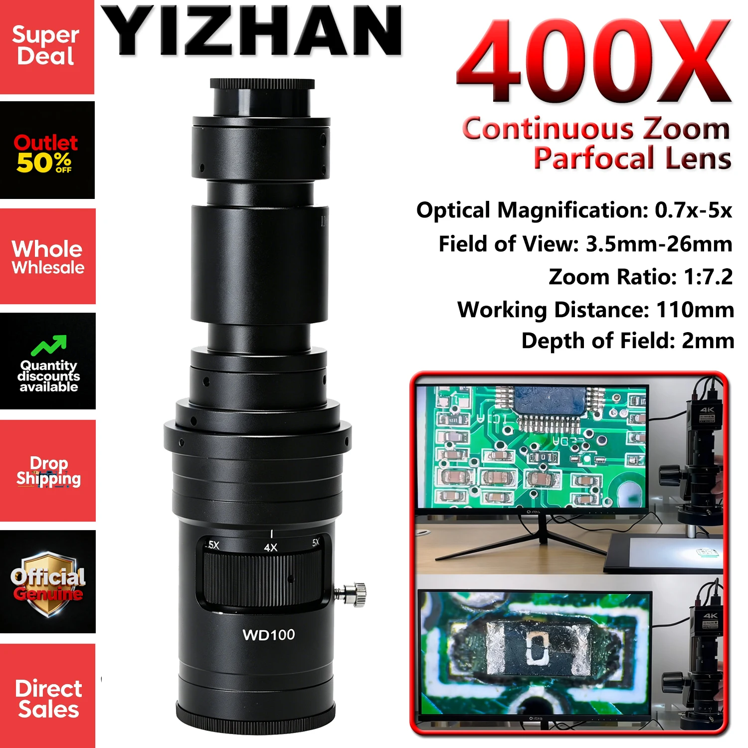 High-Definition Parfocal Industrial Microscope Camera Lens, 0.7x To 5x Lockable Magnification Adjustment, 400X Optical Zoom