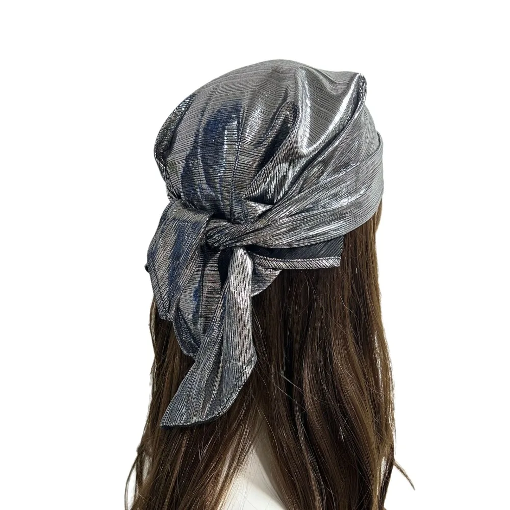 Silver Metallic Square Bandana Headwrap Retro Blingbling Style Metallic Shiny Head Scarf Versatile Punk Head Scarf
