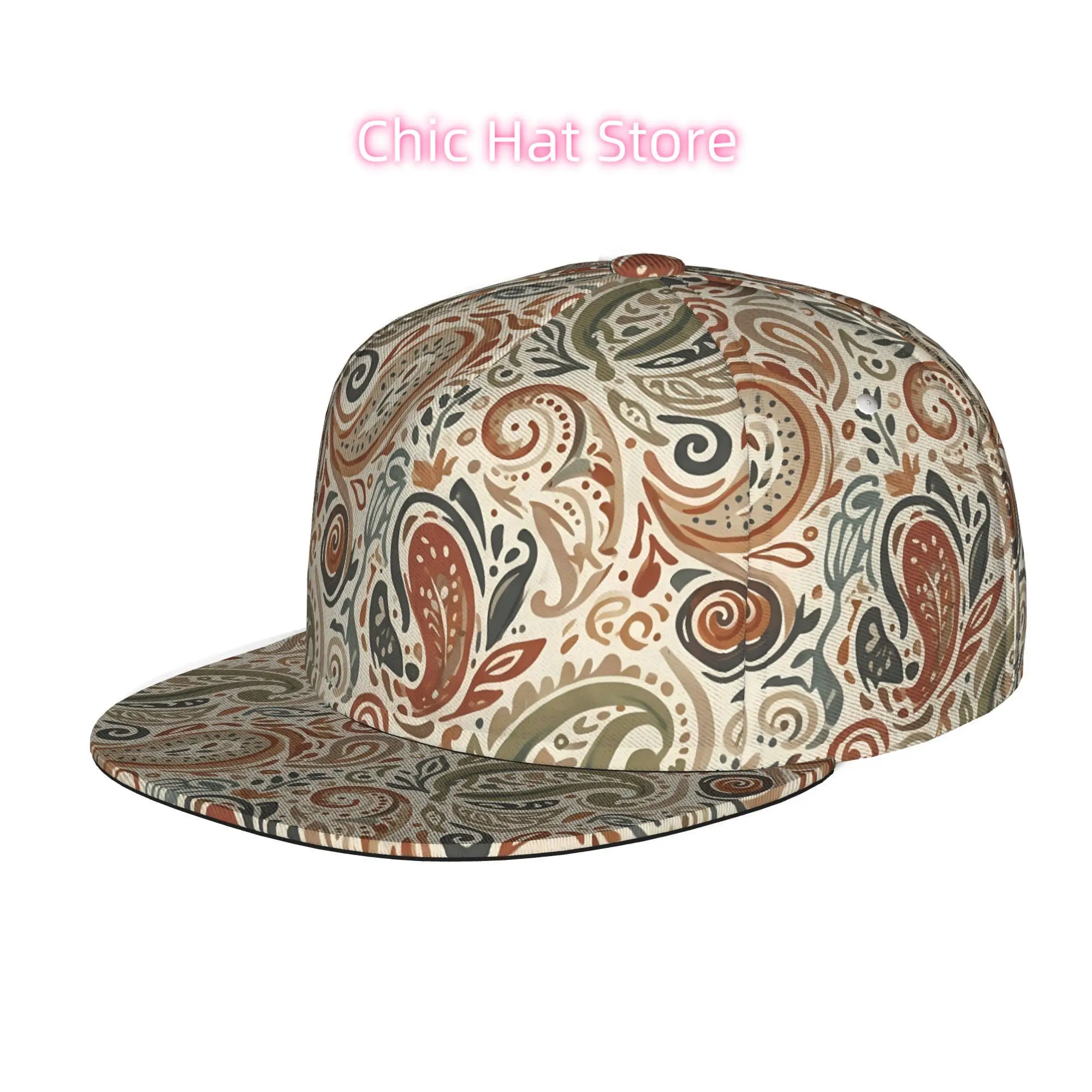 Boho Paisley Snapback Hat - Adjustable Flat Brim Baseball Cap with Neutral Bohemian Print, Lightweight Suitable for Skateboardin