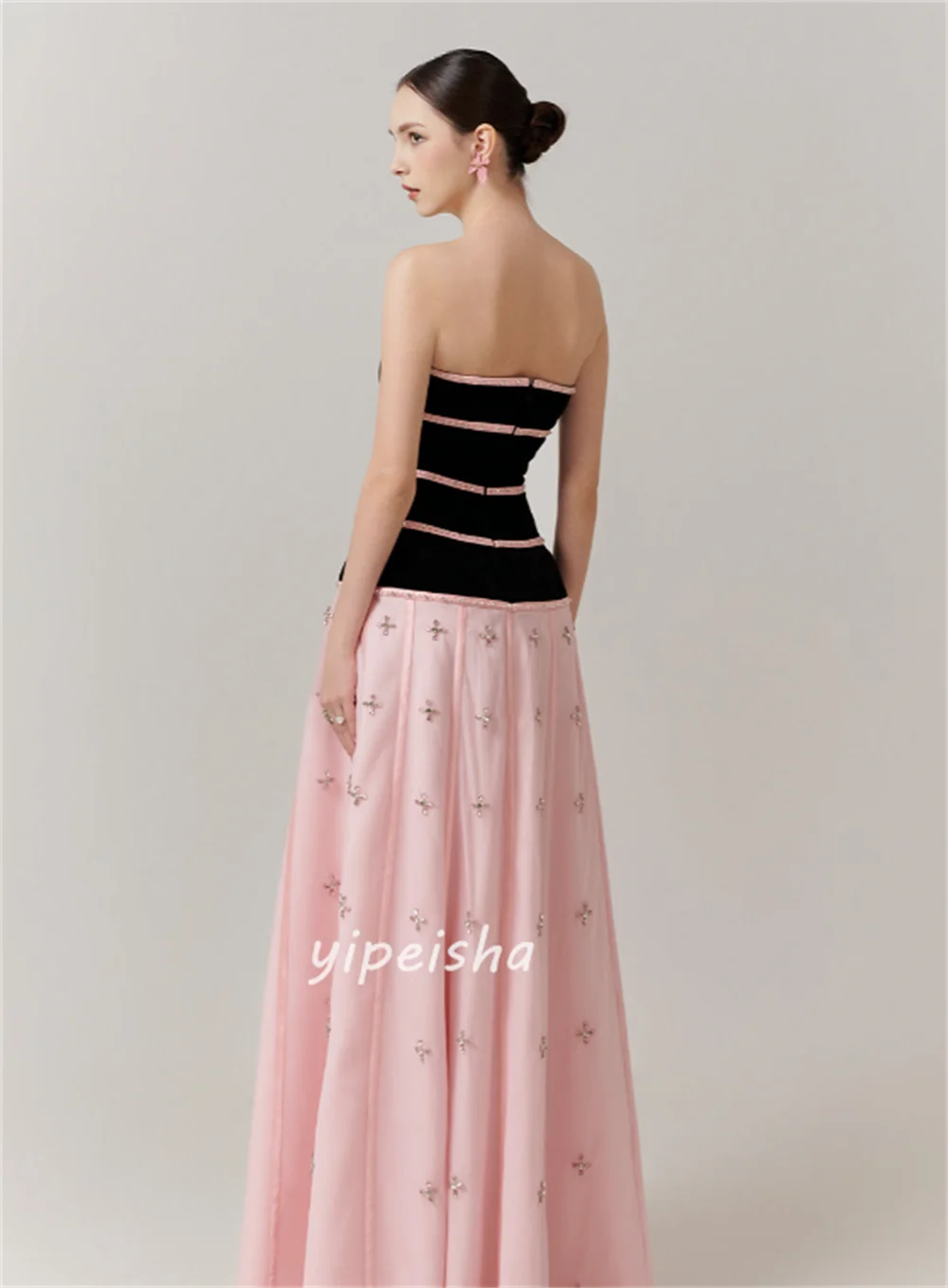 Customized High Quality Women Jersey Rhinestone Bow A-line Evening Dresses Formal Strapless Sleeveless Floor Lenght Prom Dresses image 4