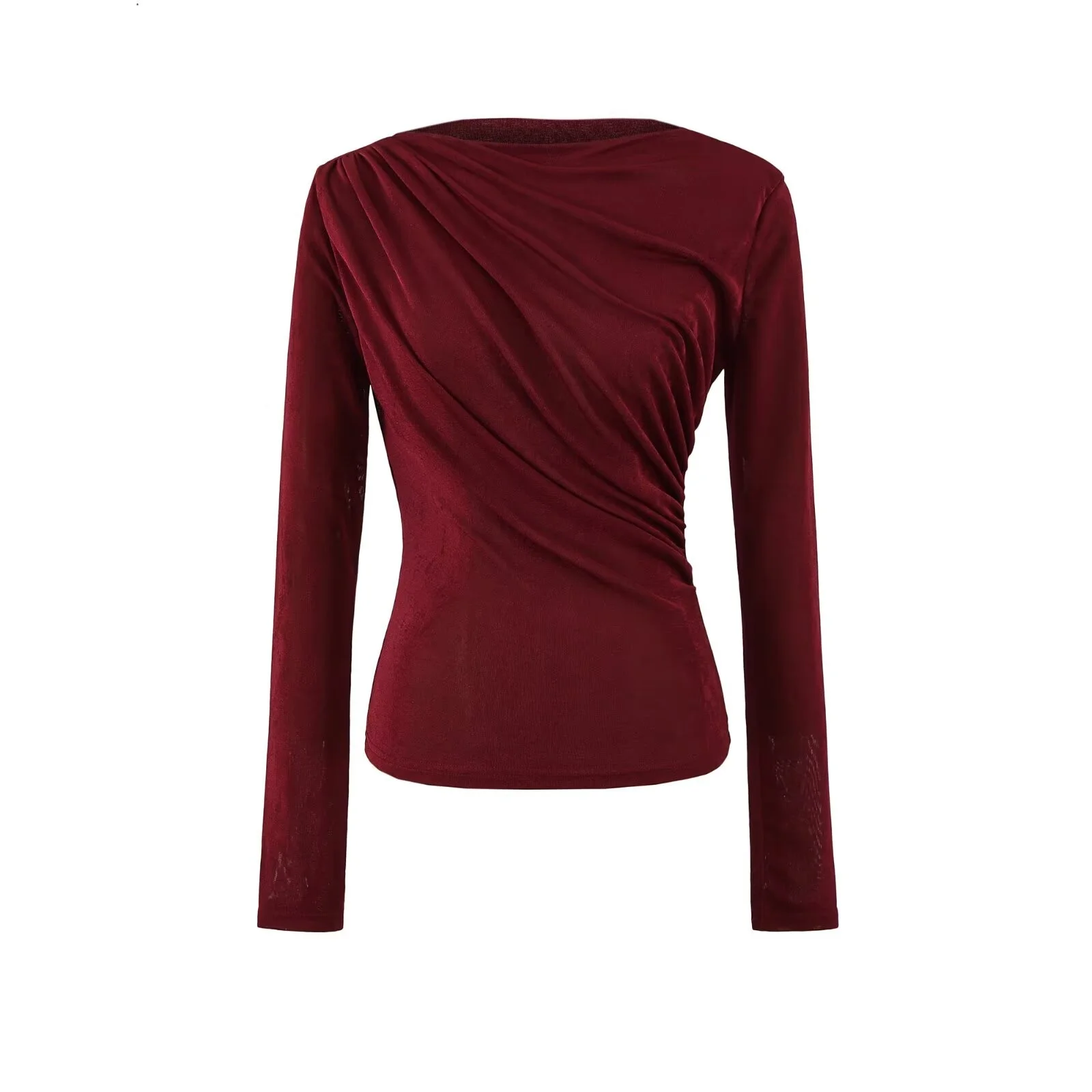 تي شيرت نسائي طويل Sve مستدير من Faionable H2084 مع طيات صدر متعددة الاستخدامات من البوليستر بلون نقي