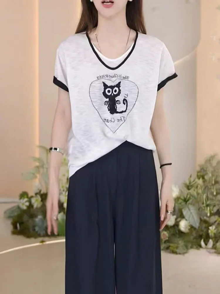 

Faionable Print Design Ice Silk ort Sve Knitted Top Women's Summer Color Blo Fake Two-Piece Slim Fit Commute Sle