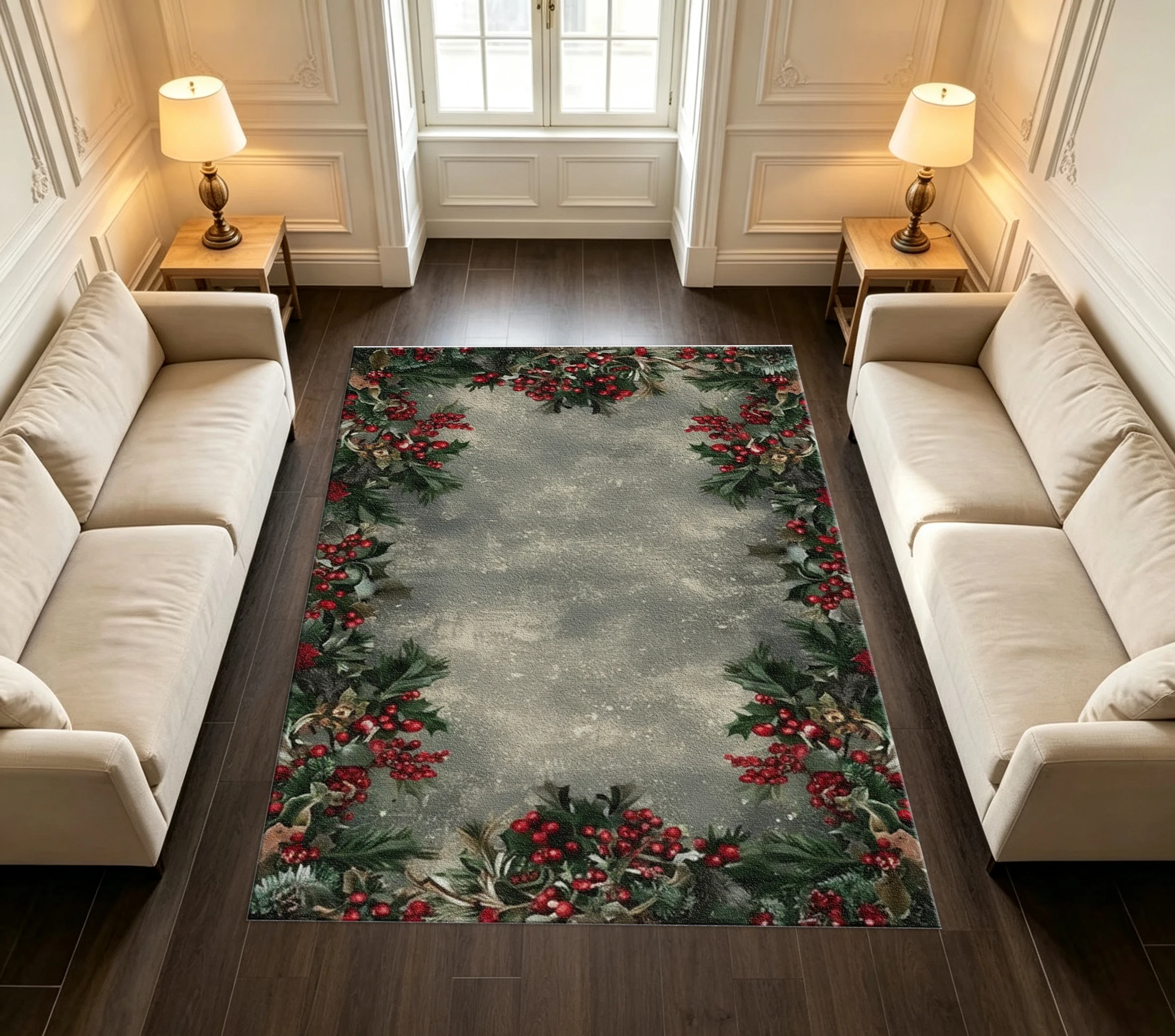 Vintage Christmas Holly Red Berry Wreath Border Farmhouse Home Area Rug